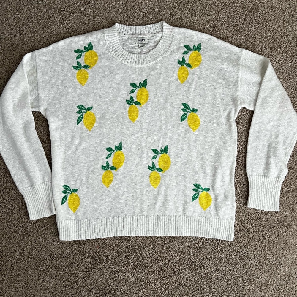 J. Crew White Sweater with Yellow Lemon Design